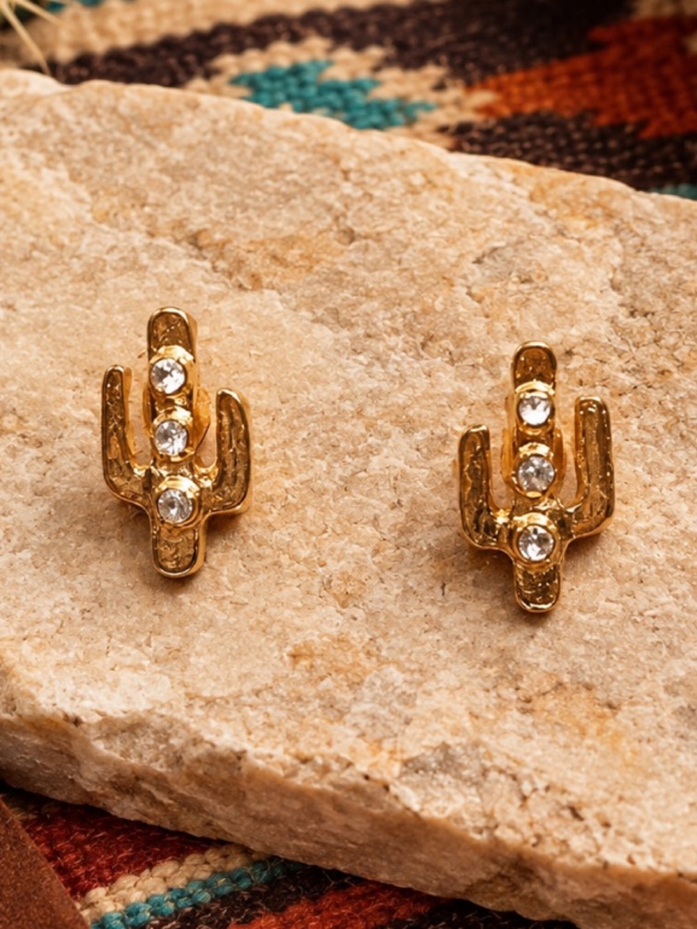 Gold Crystal Cactus Stud Earrings